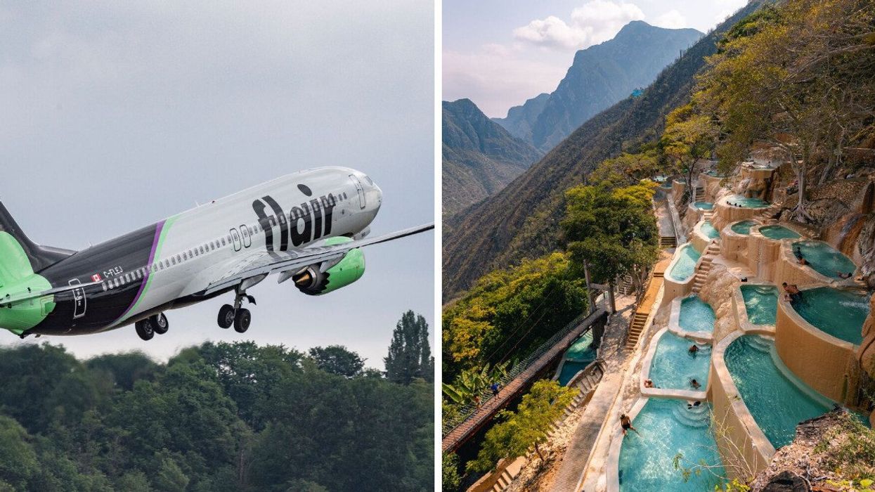 Flair Arlines plane taking off. Right: Hot spring pools in Mexico.