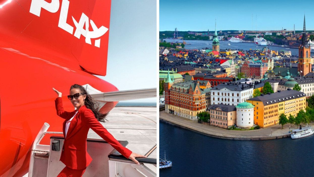 Flight attendant by a plane. Right: Stockholm, Sweden.