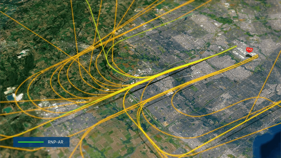 Flight paths including the new satellite-based positioning system at Toronto Pearson.