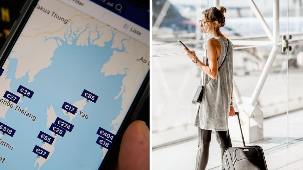 Flight Prices on an app. Right: a passenger at an airport.