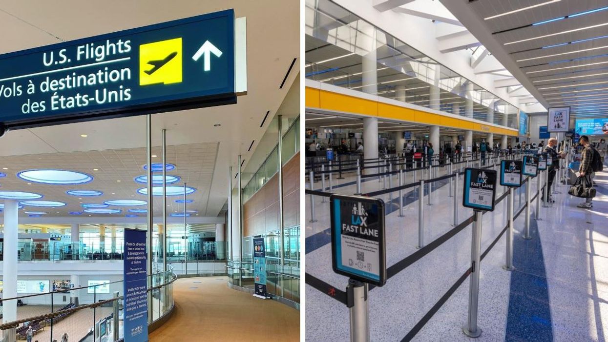 Flights to the U.S. from the Winnipeg Richardson International Airport. Right: People in the Los Angeles International Airport.