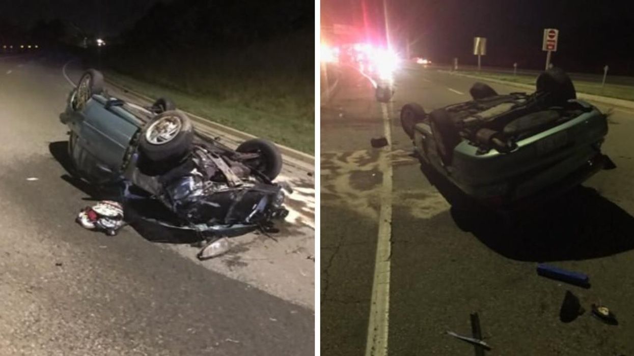 Flipped over car on Lincoln Alexander Parkway in Hamilton.