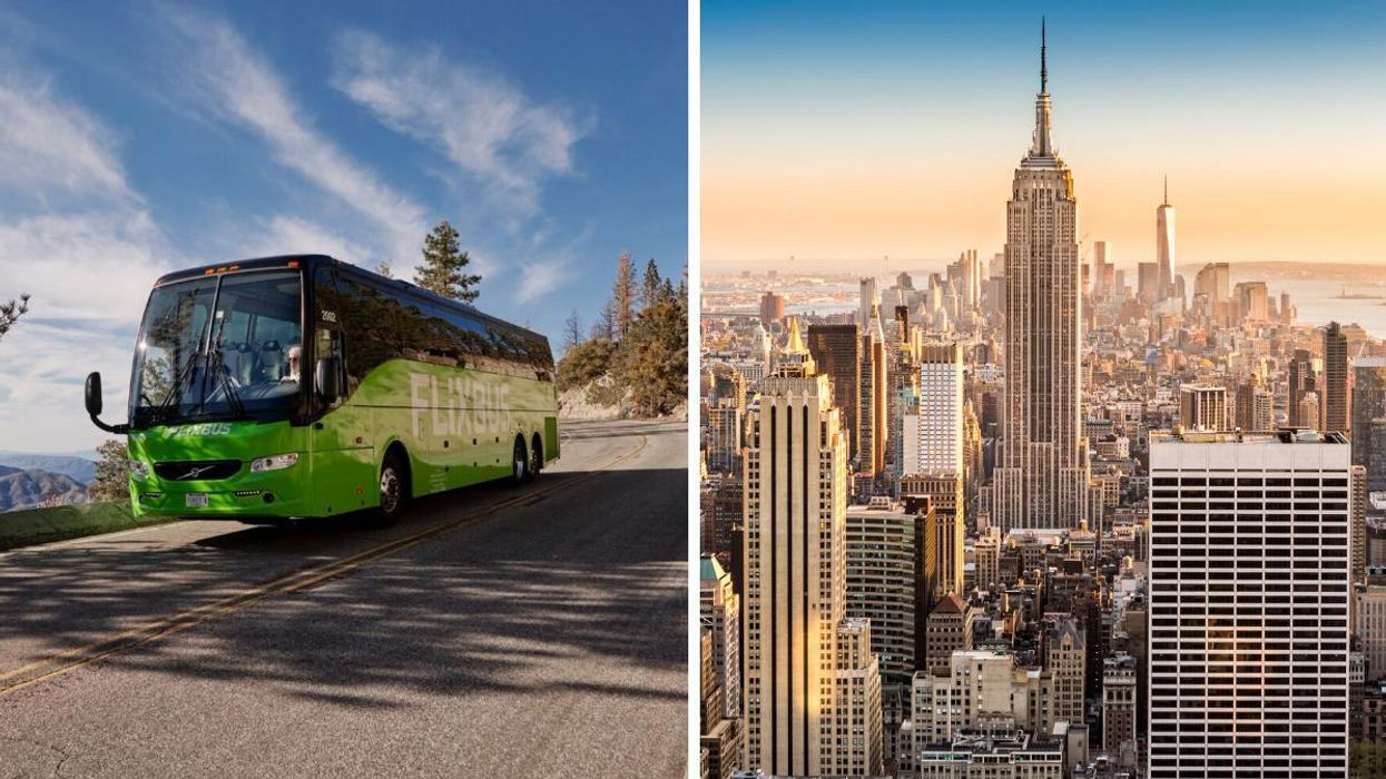 FlixBus on the road. Right: Empire State Building in New York.