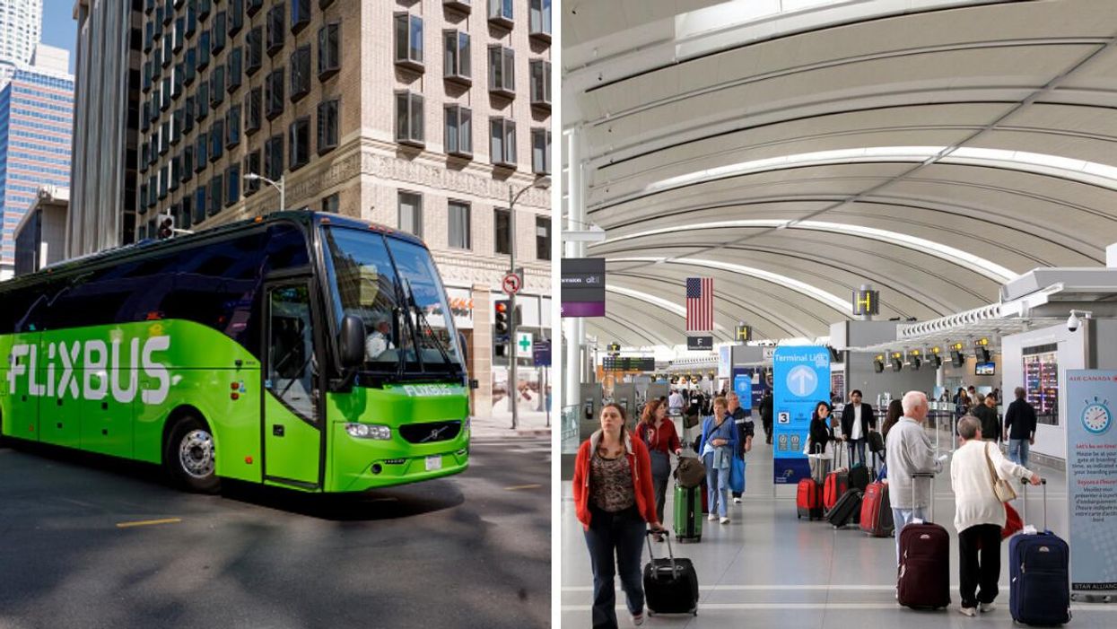 Flixbus. Right: People walking around Toronto's Pearson Airport.