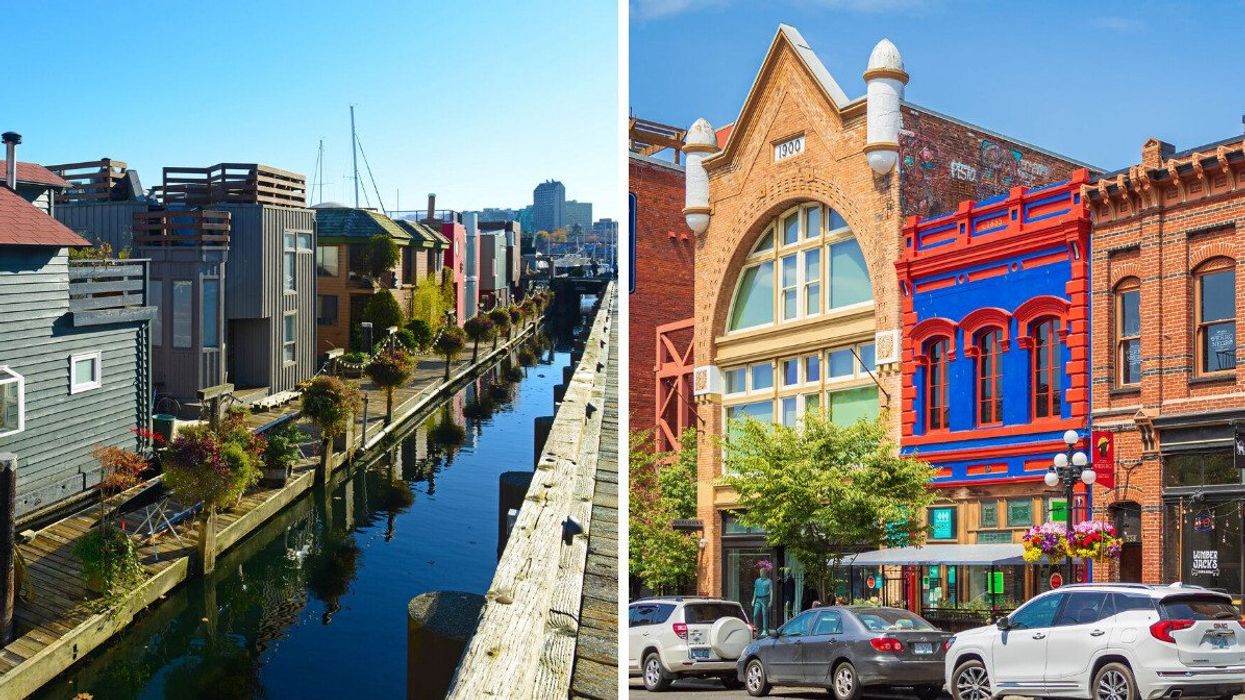 Float houses on Granville Island in Vancouver. Right: Colorful Victorian-style buildings in Victoria's old town.