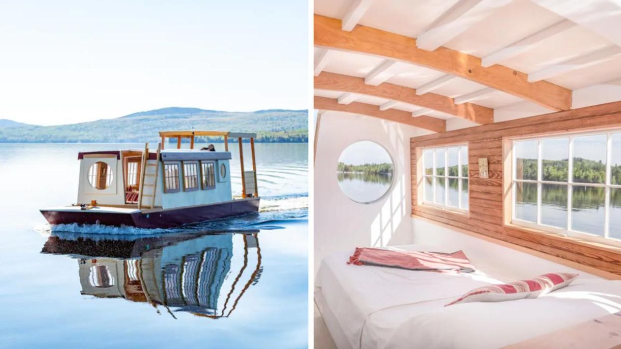 Floating Airbnb on the water with mountains in the background. Right: The interior of the floating Airbnb.