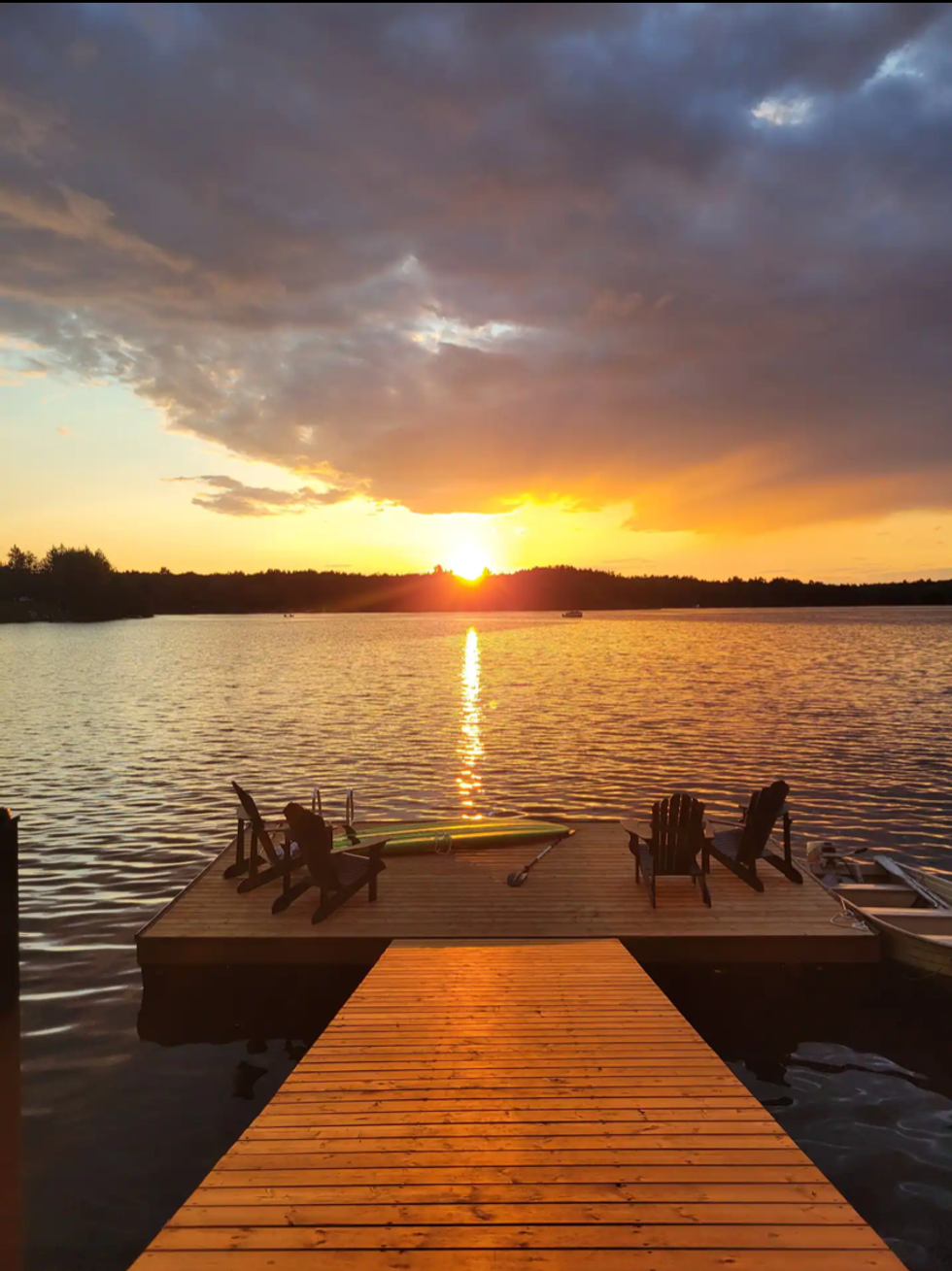 Floating dock at sunset.