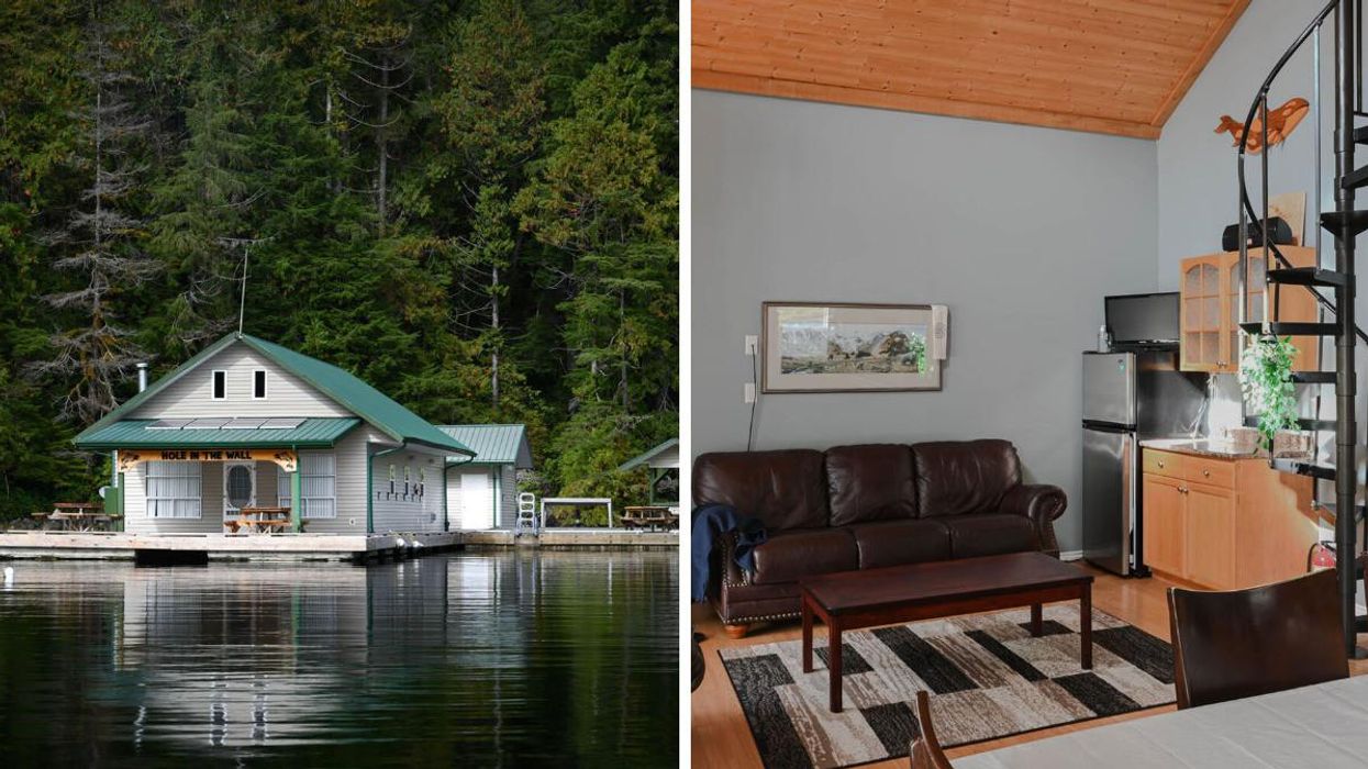 Floating lodge for sale in B.C. exterior. Right: Floating lodge for sale in B.C. interior.