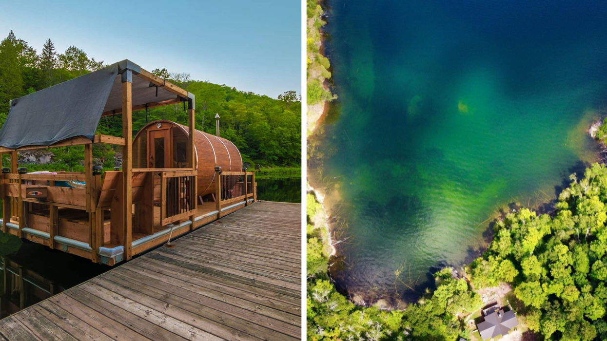 Floating sauna on lake Papineau. Right: Aerial view of turquoise waters at Kenauk Nature.