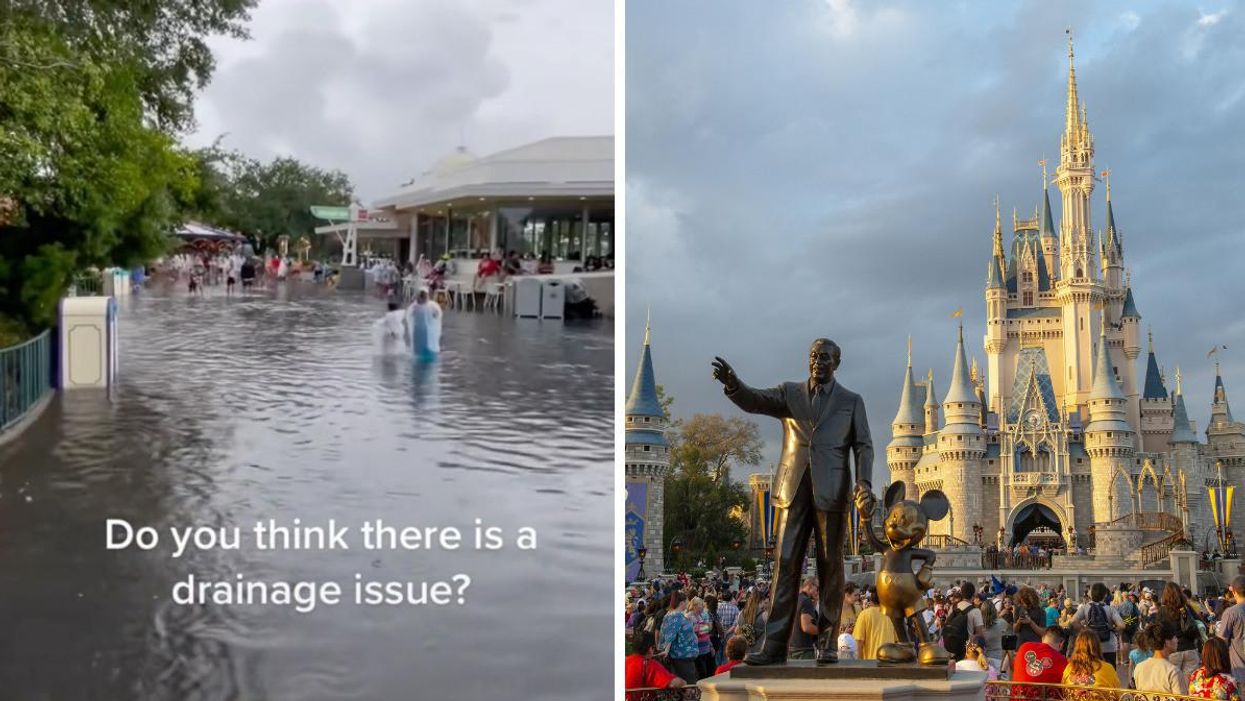 Flooding at Disney parks. Right: Cinderella's castle at Magic Kingdom.