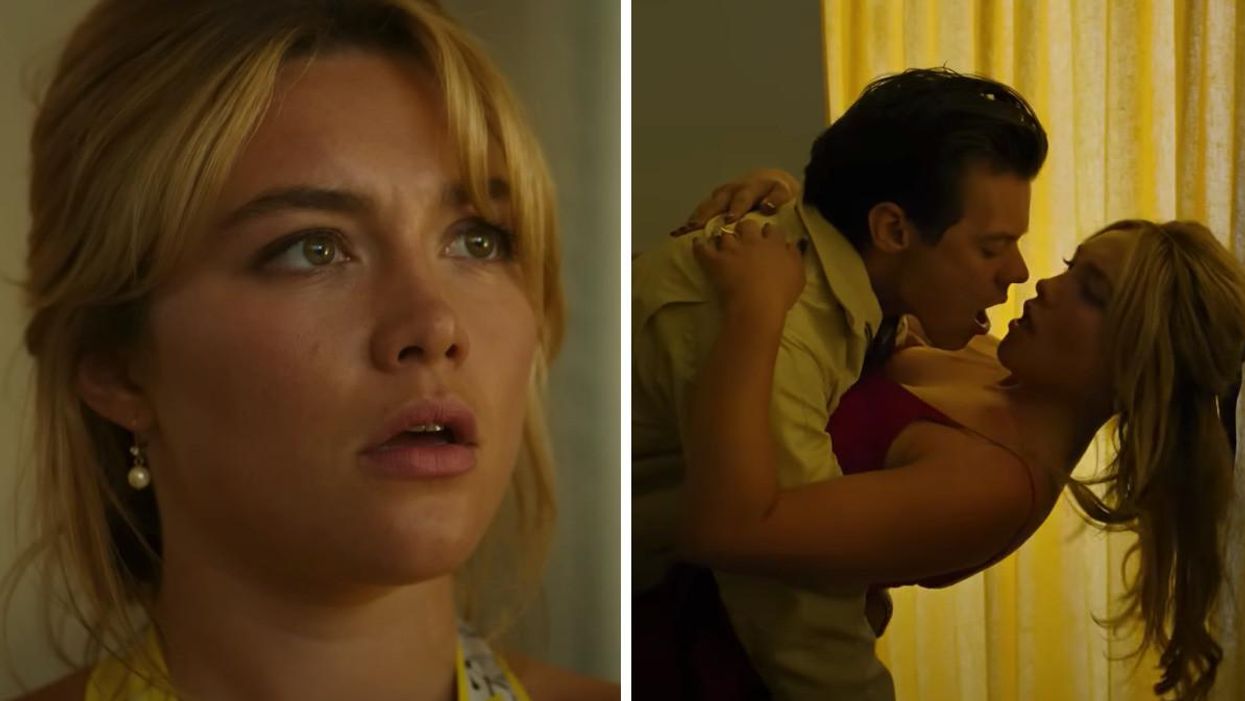 Florence Pugh in 'Don't Worry Darling.' Right: Harry Styles and Florence Pugh in 'Don't Worry Darling.'