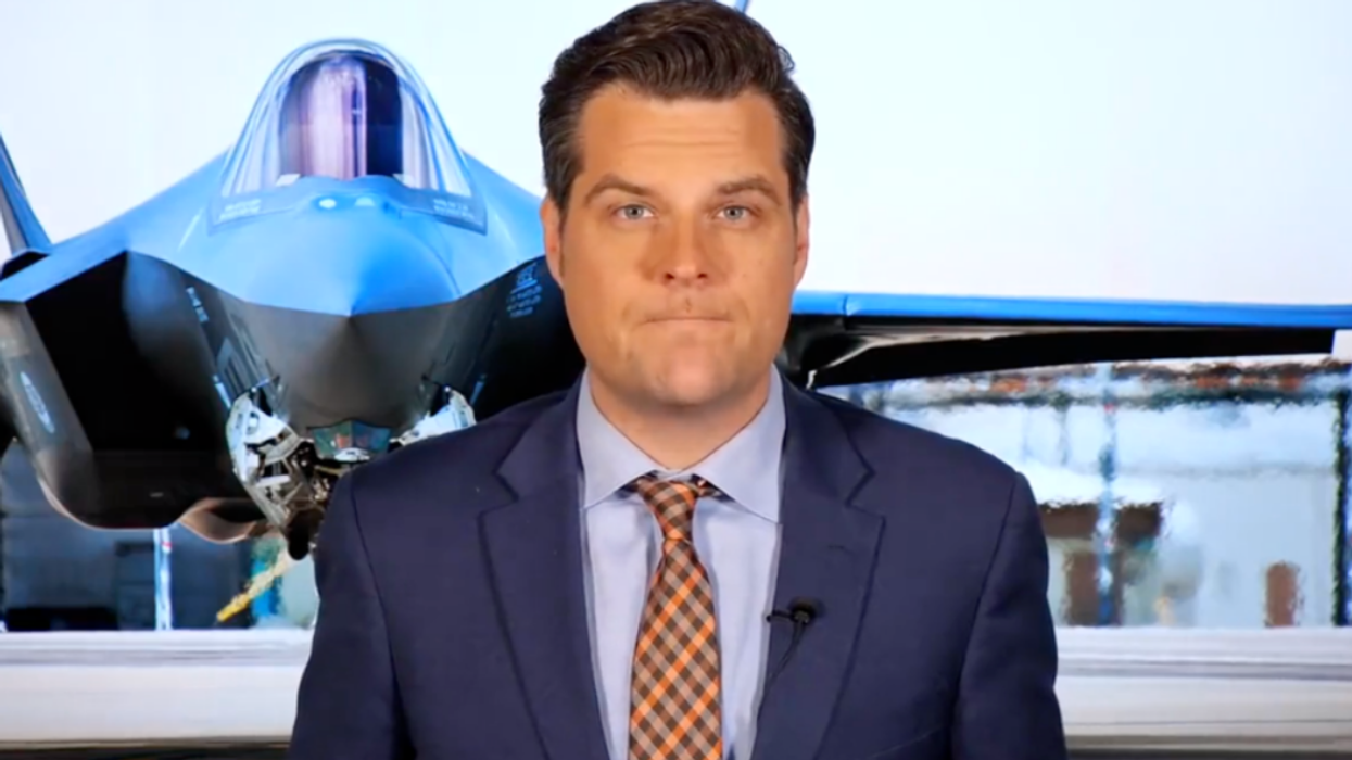 Florida Congressman Matt Gaetz speaking on camera.