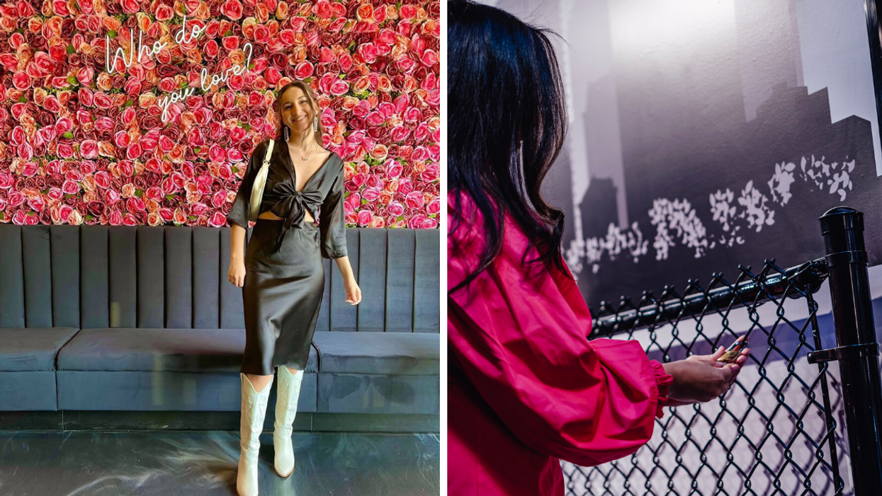 Flower wall and love lock fence at new restaurant in the Byward Market, Ottawa.