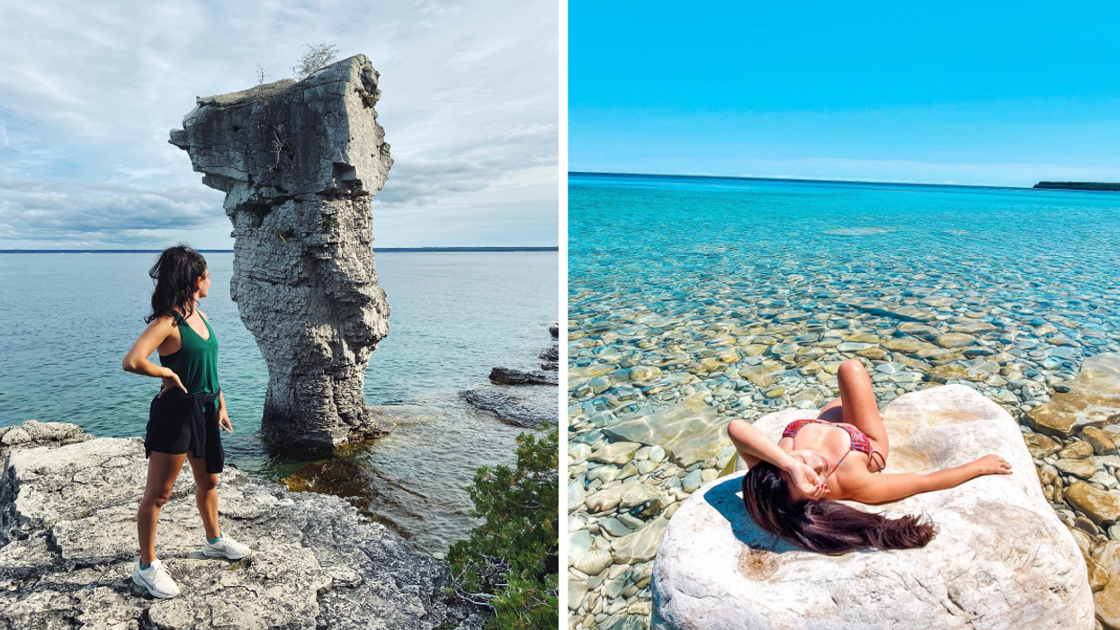 Flowerpot Island in Tobermory. Right: Bruce Peninsula Trail view of Georgian Bay.