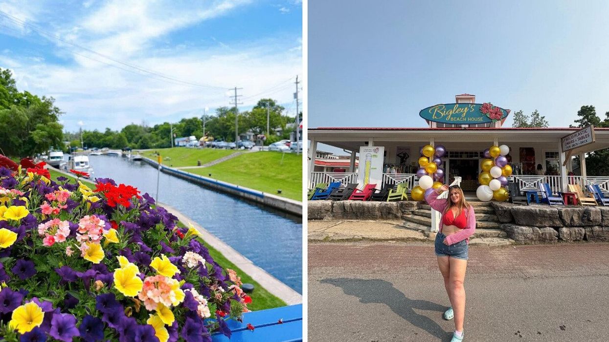 Flowers along a canal. Right: A person standing in front of a store.