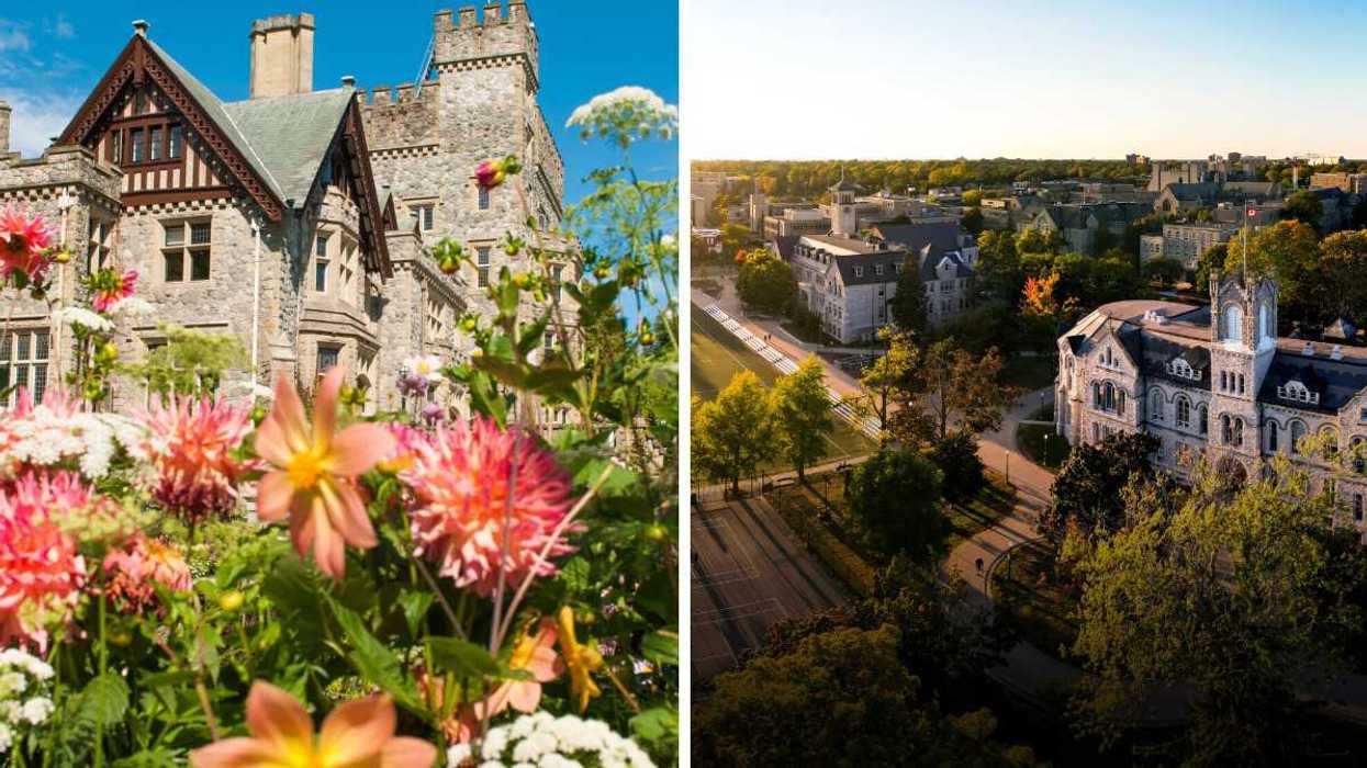 flowers in front of building at royal roads university. right: aerial view of queen's university campus