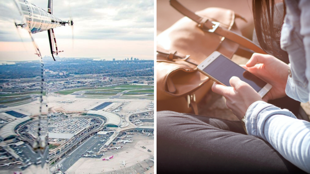 Flying into Toronto Pearson Airport. Right: A person on their phone.