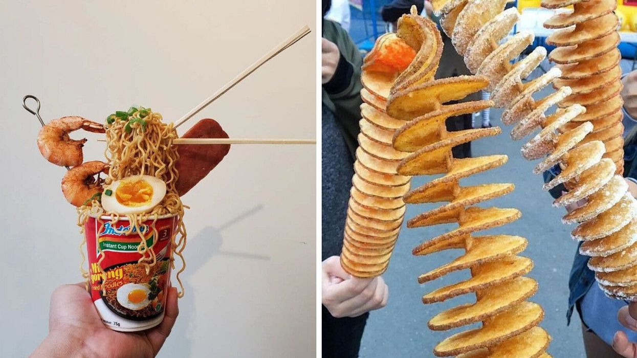 Flying noodles from Aloha Boys at Richmond Night Market. Right: Rotato at Richmond Night Market.