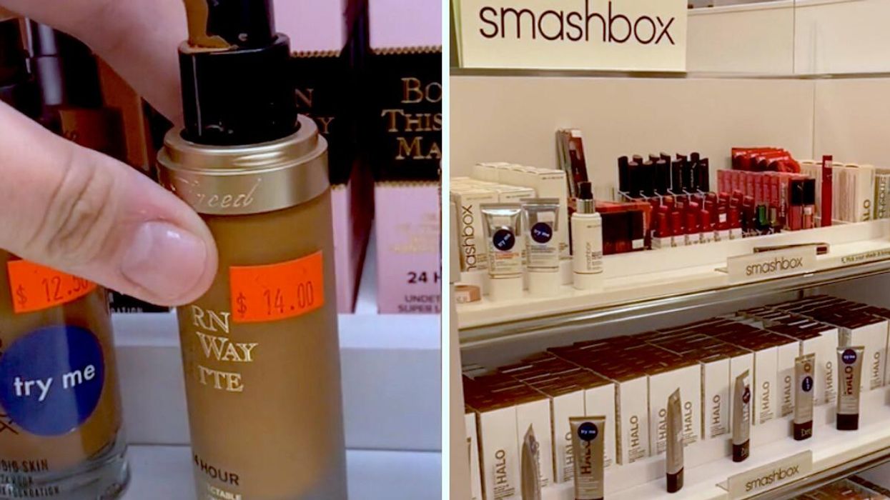 Fond de teint Too Faced en rabais. Droite : Présentoir Smashbox.