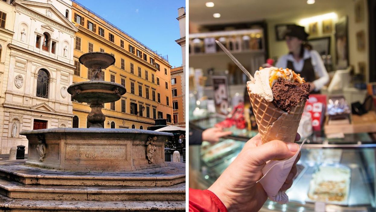 Fontana dei Catecumeni. Right: An ice cream cone in a hand.