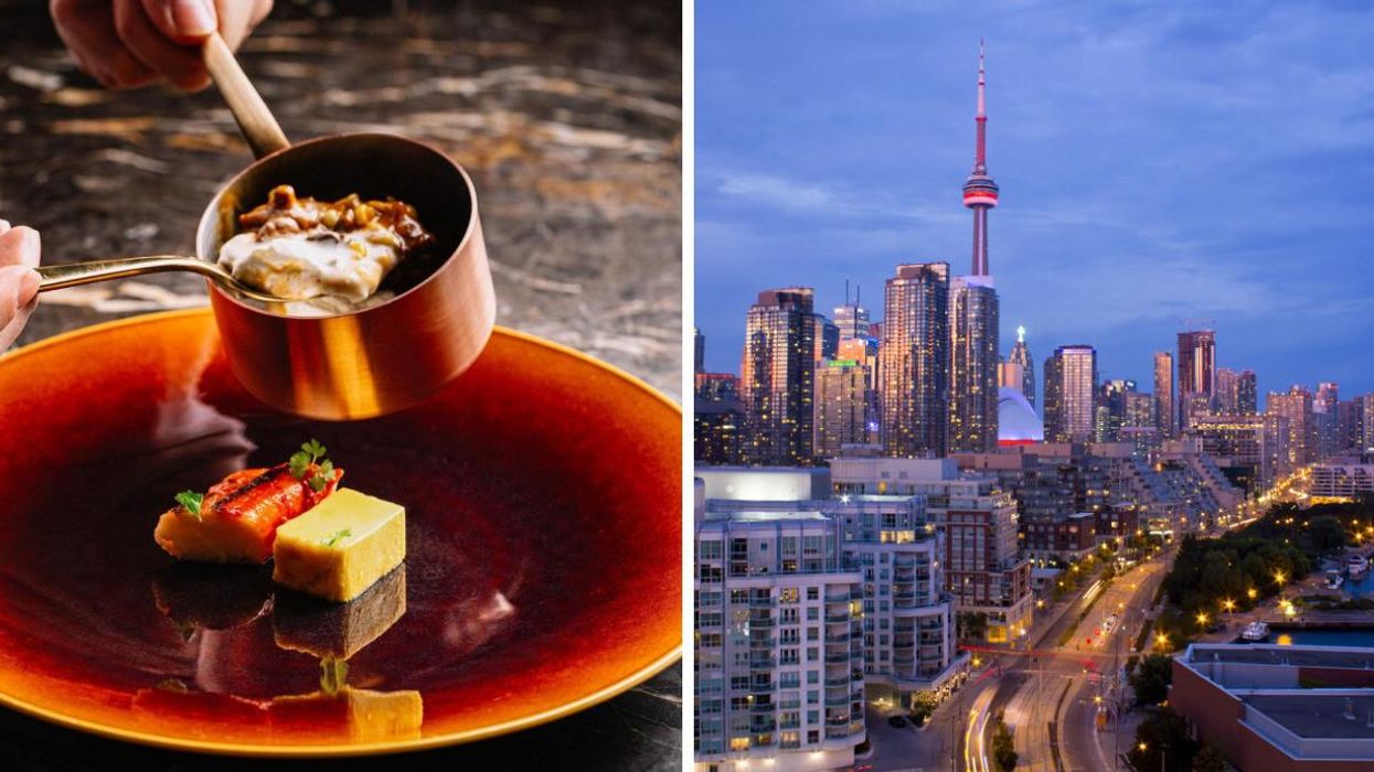 Food being served on an orange plate. Right: Toronto skyline at dusk.