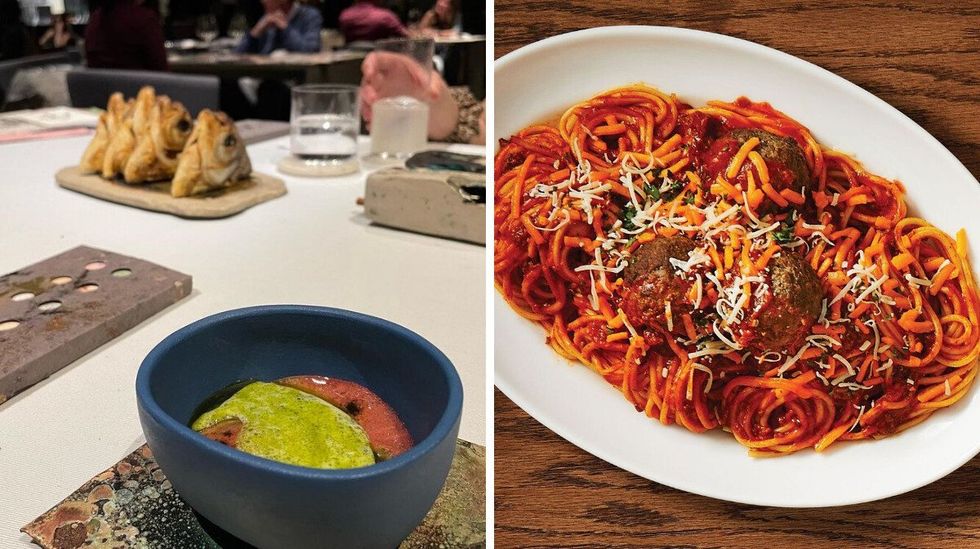 Food from Central Lima. Right: Pasta from Boston Pizza.
