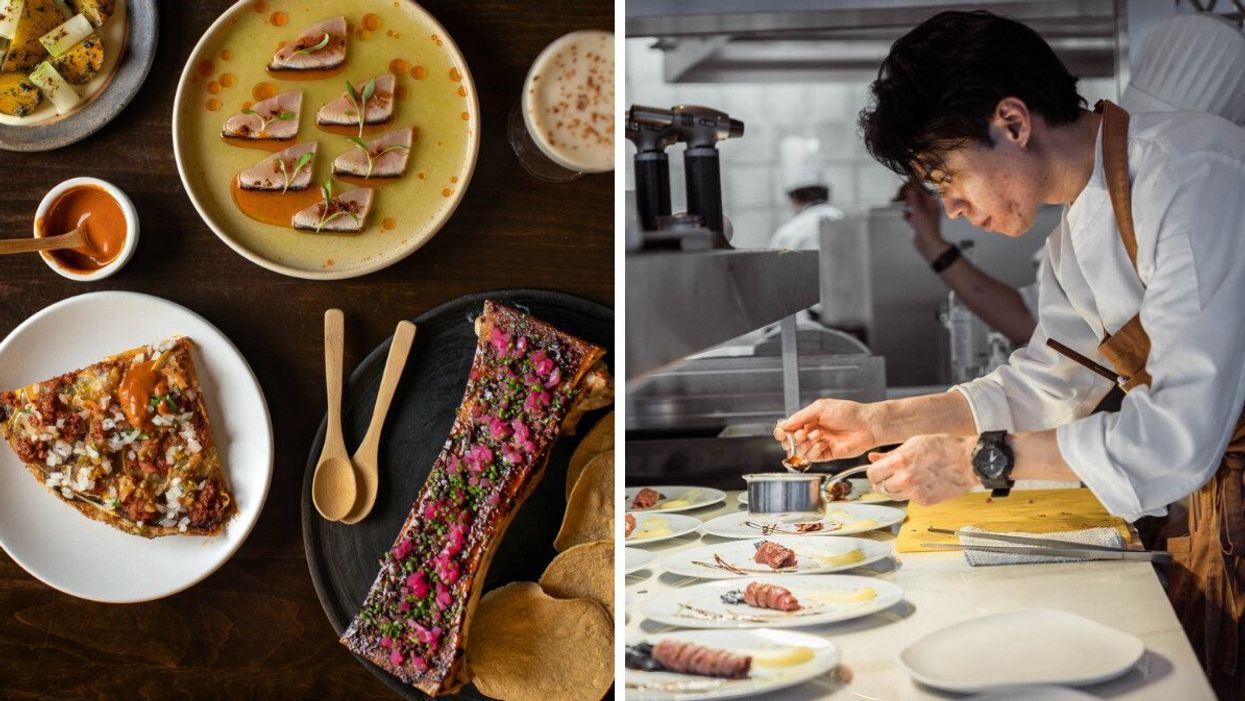 Food from Quetzal in Toronto. Right: A chef preparing food at Don Alfonso 1890 Toronto.