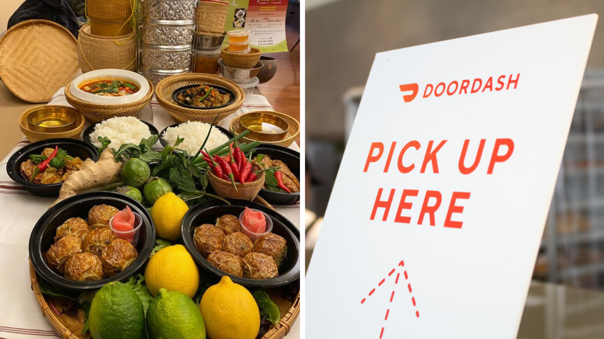 Food from Yaowarat Vegan Thai. Right: DoorDash sign.