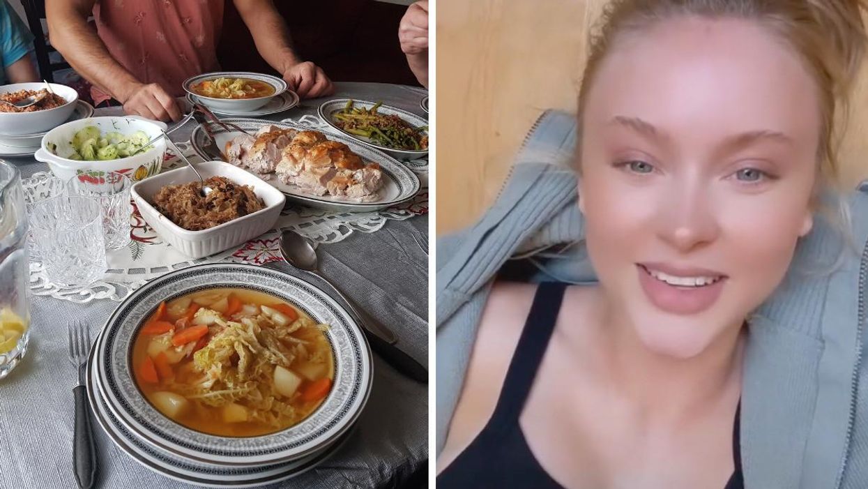 Food on a table. Right: Zara Larsson's TikTok video.