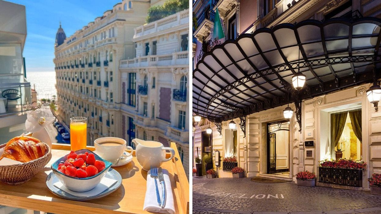 food on a tray at a hotel overlooking french riviera. right: exterior hotel in rome at night
