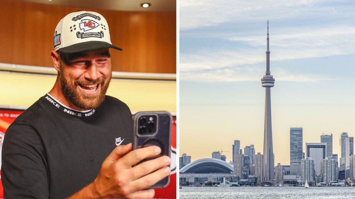 Football star Travis Kelce holding a phone. Right: A city skyline.