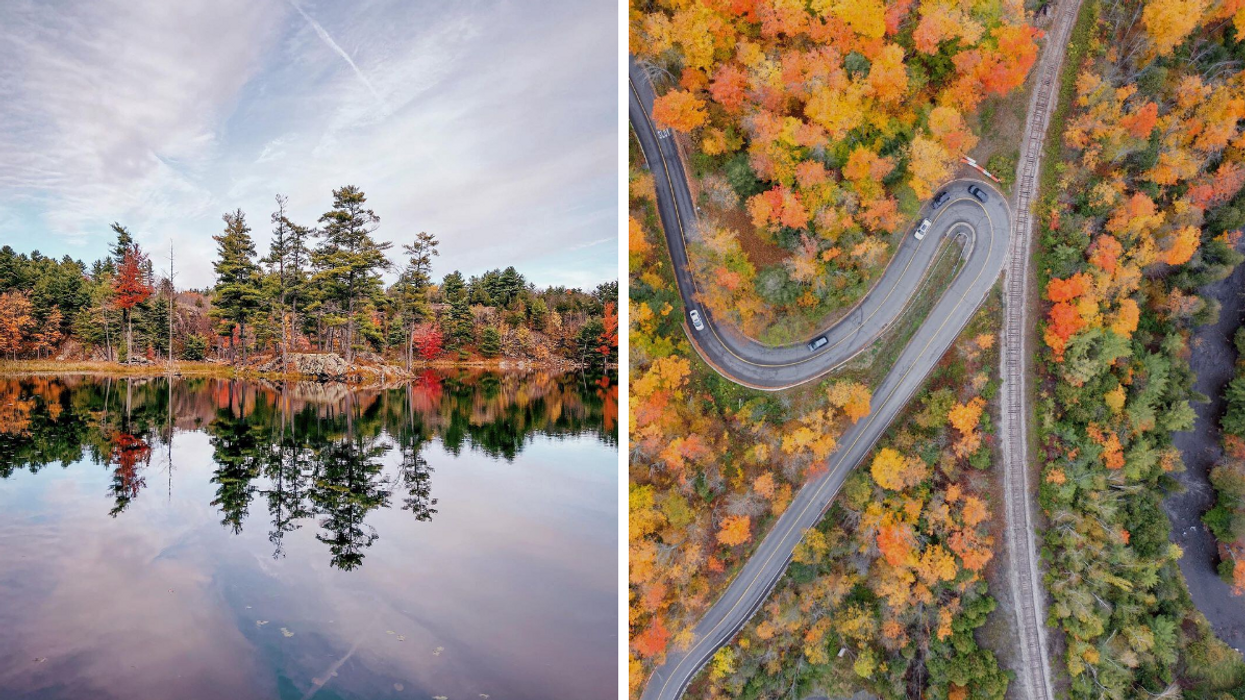 Forest reflection on a Frontenac park lake. Right: Pops of fall colours in an Ontario park.