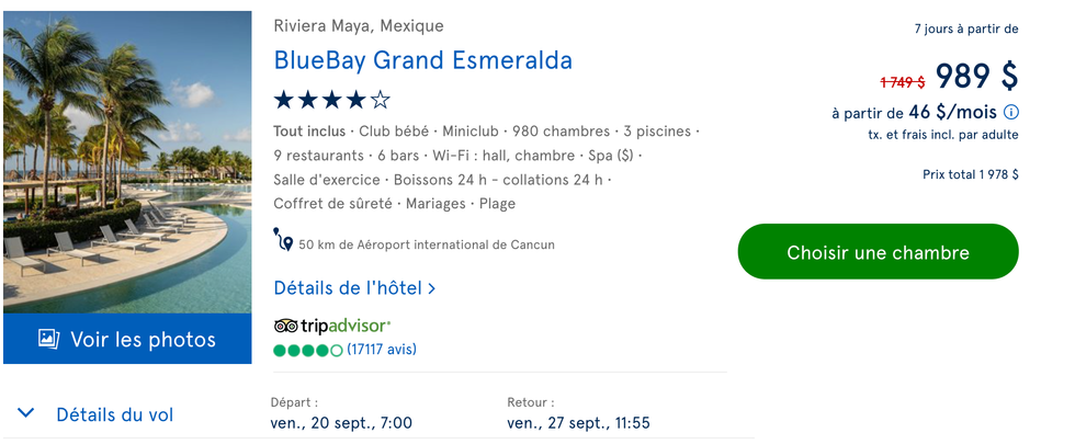 Forfait de voyage \u00e0 l'h\u00f4tel Bluebay Grand Esmeralda au Mexique.