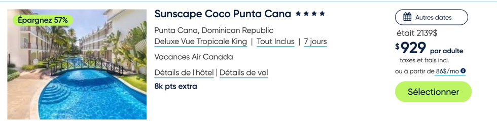 Forfait de voyage \u00e0 l'h\u00f4tel Sunscape Coco Punta Cana en R\u00e9publique dominicaine.