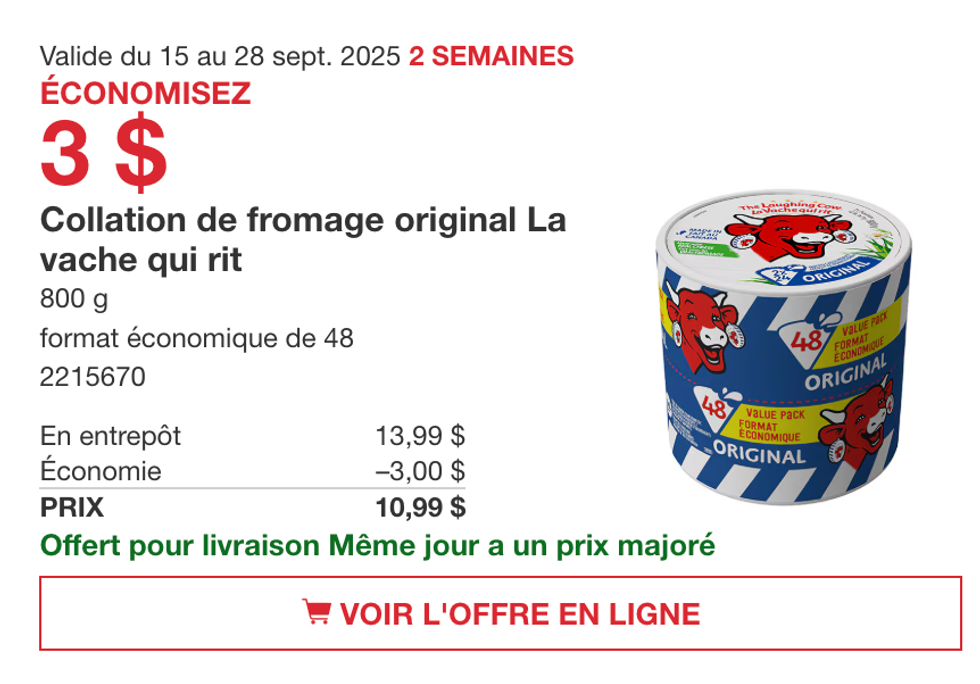 Format \u00e9conomique de La vache qui rit en vedette dans la circulaire du Costco.