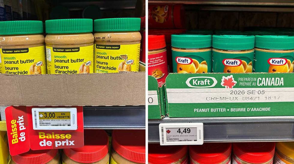 Formats de 500g de beurre d'arachide sans nom. Droite : Formats de 500g de beurre d'arachide Kraft.