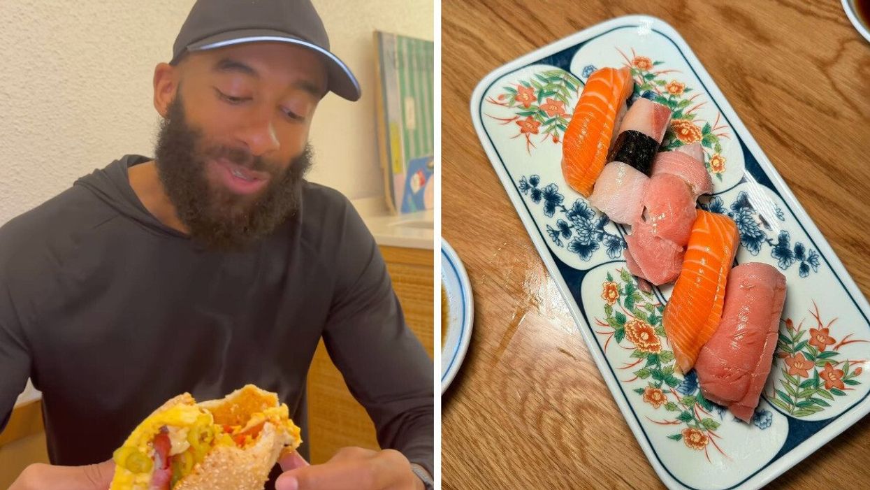 Former Bachelor star Matt James eating a sandwich in Vancouver. Right: A plate of sushi.