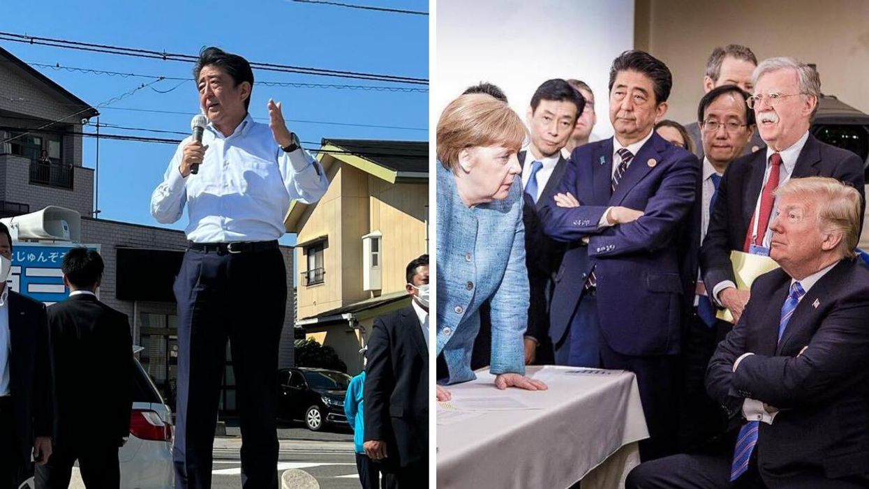 Former Japanese Prime Minister Shinzo Abe giving a speech. Right: German Chancellor Angela Merkel, Japanese PM Shinzo Abe, U.S. National Security Advisor John Bolton and U.S. President Donald Trump at the 2018 G7 summit.