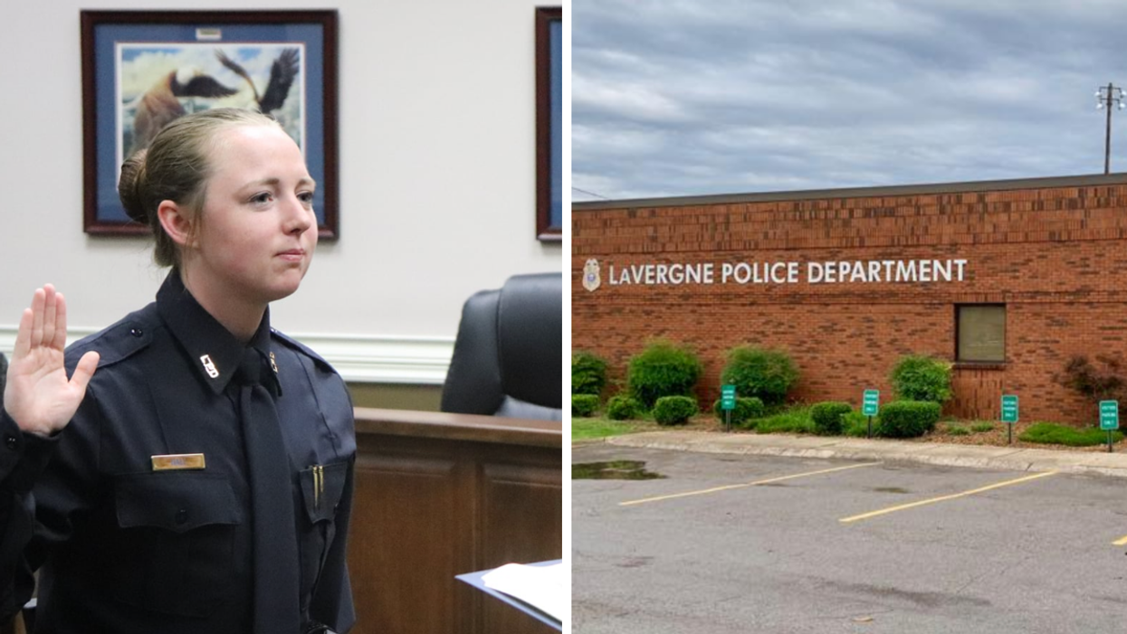 Former police officer Maegan Hall being sworn in. Right: The exterior of the La Vergne Police Department.