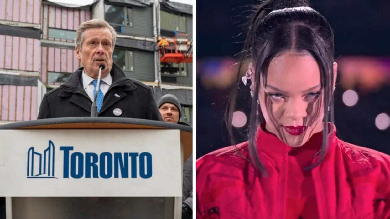 Former Toronto Mayor John Tory. Right: Rihanna during her Super Bowl Halftime performance on Feb. 12, 2023.