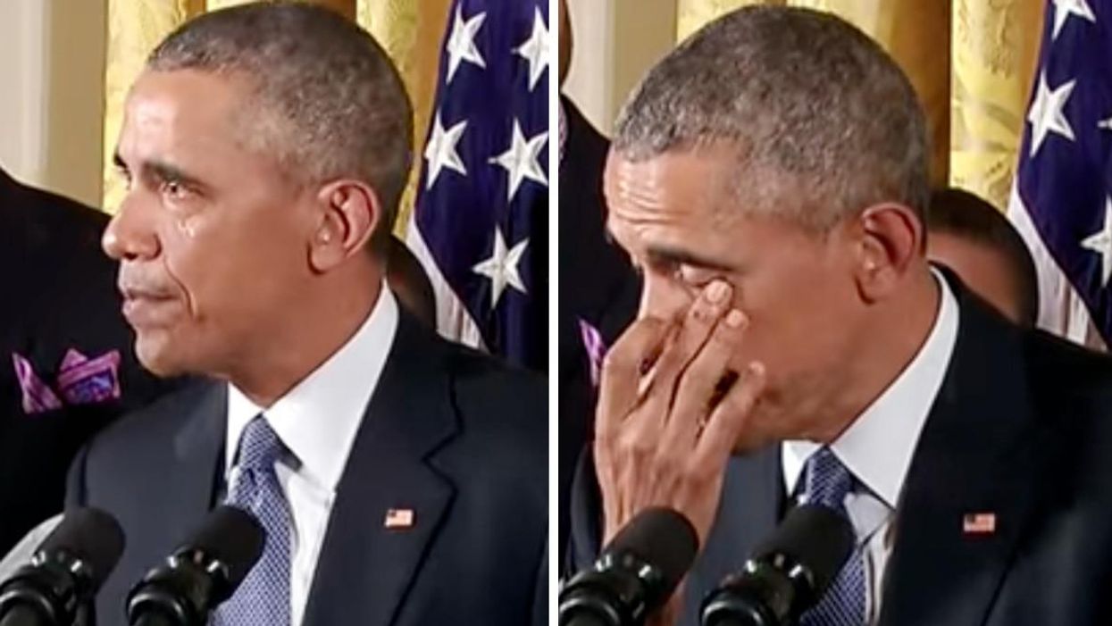 Former U.S. President Barack Obama cries during a gun control speech in 2016.