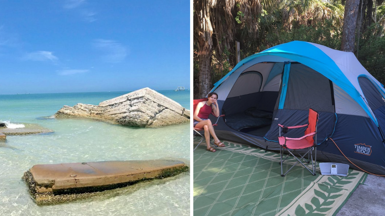 Fort De Soto State Park ruins. Right: A person camping at Fort De Soto State Park.