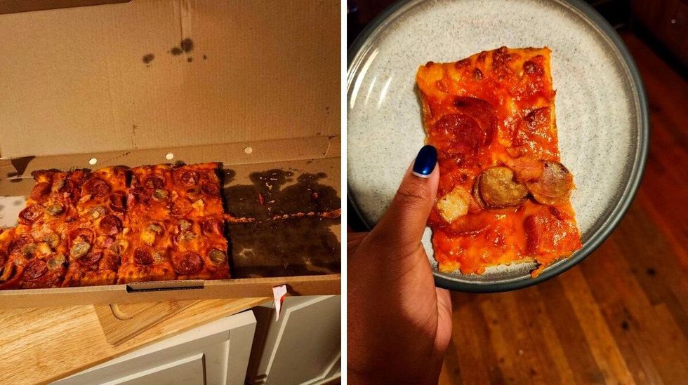 Fortino's Meat Lovers pizza for $24.99. Right: Sarah holding a slice of Fortino's Meat Lovers pizza.