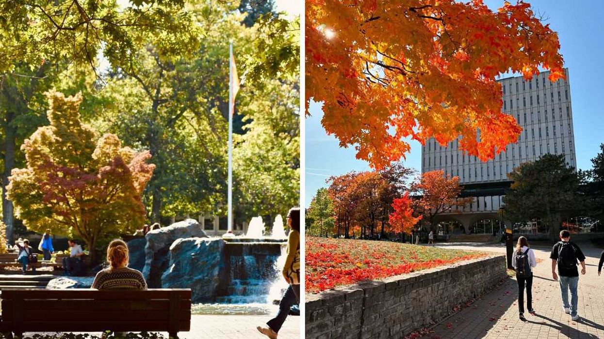 fountain on university of victoria campus. right: students walking on university of waterlook campus in the fall