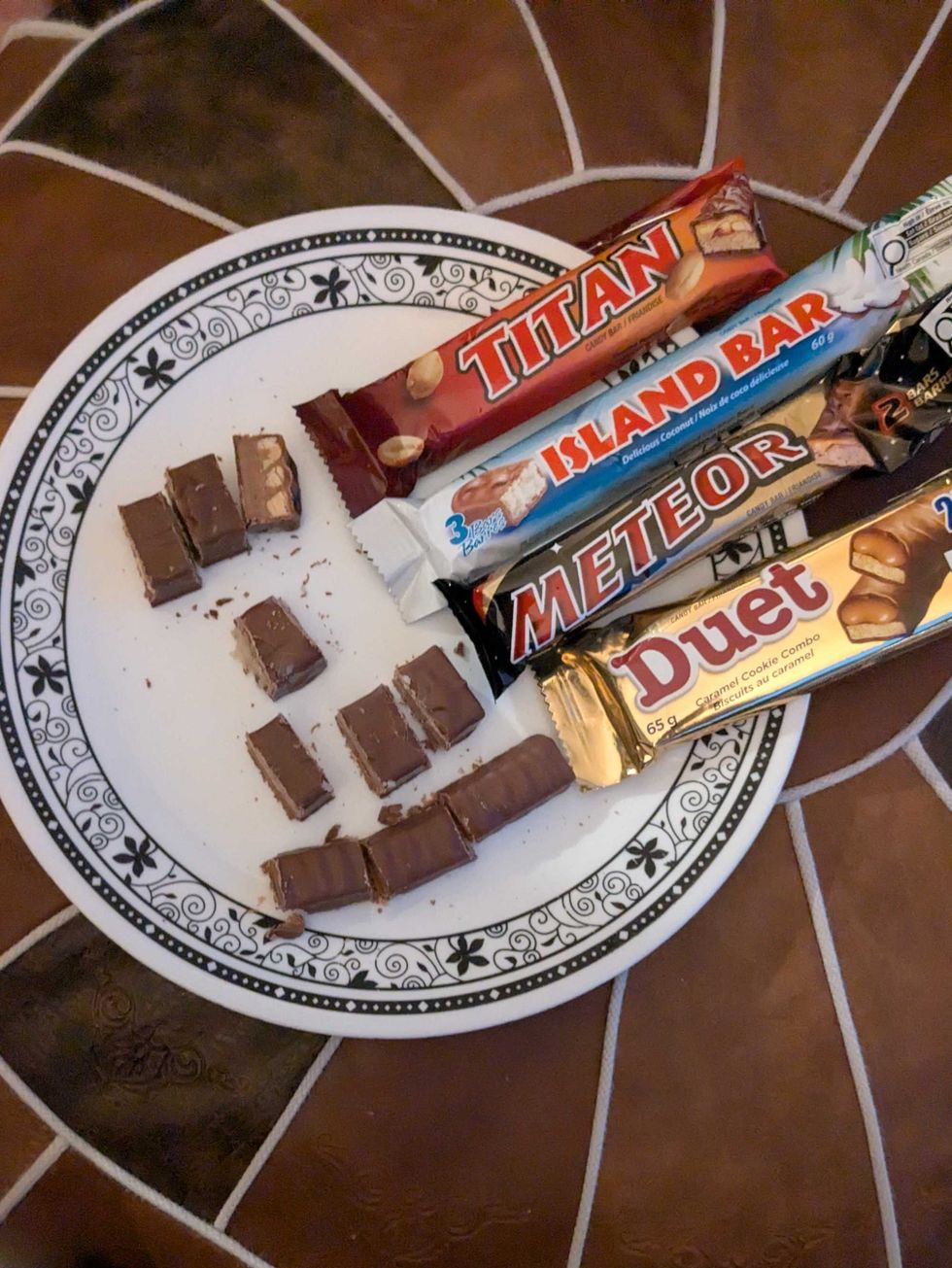Four chocolate bars on a plate
