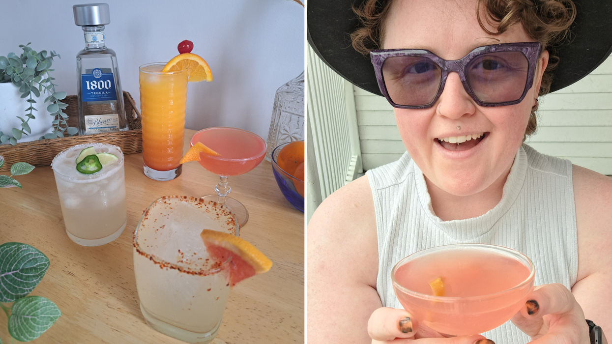 Four cocktails arranged on a table. Right: Louie Murray holds a siesta cocktail.