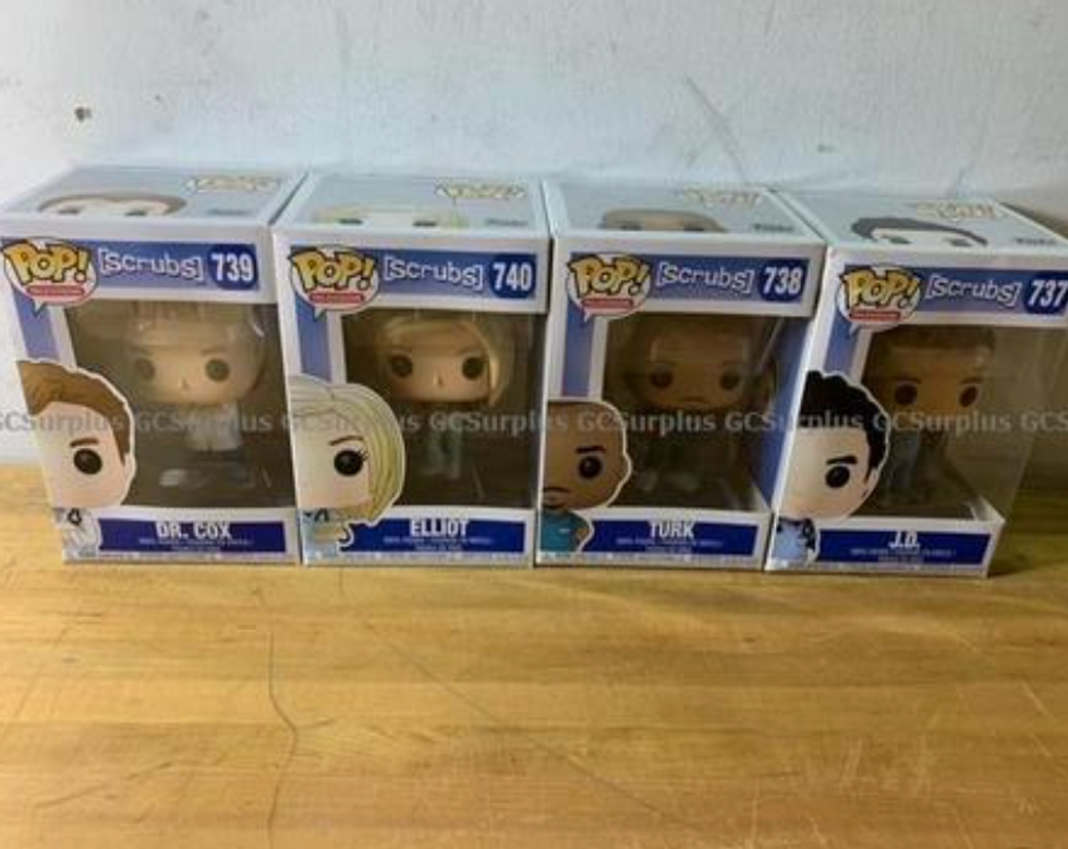 Four Funko Pops modelled after the TV Show Scrubs on auction at GCSurplus.