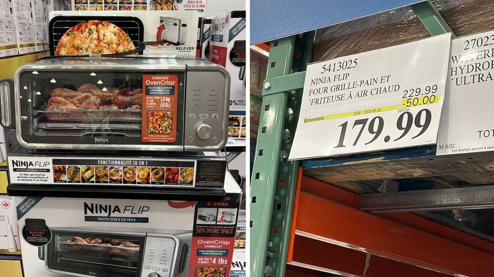 Four grille-pain et friteuse \u00e0 air chaud Ninja Flip chez Costco. Droite : \u00c9tiquette de prix Costco pour le Four grille-pain et friteuse \u00e0 air chaud Ninja Flip.