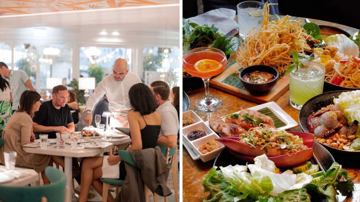 Four people sitting at a table while a waiter tells them about their meal. Right: Thai food and drinks from a Thai restaurant in Toronto.