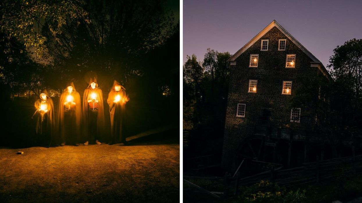 Four people with cloaks holding candles. Right: A house at night with candles in the windows.
